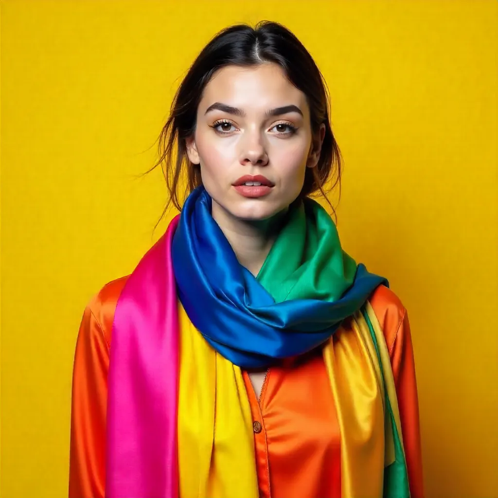 Portrait of a Woman in Vibrant Scarves on Yellow