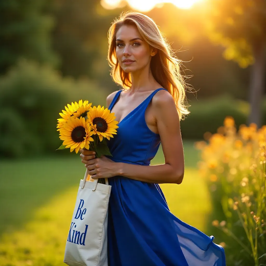Elegant Blue-Dress Woman with Sunflowers Outdoors