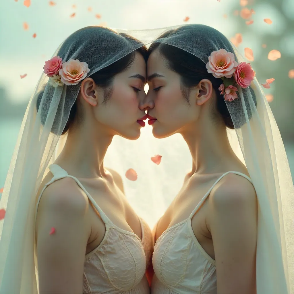 Two Women Under Translucent Floral Veil