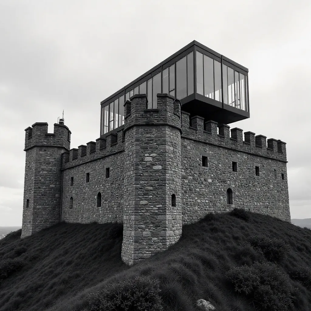 Black and White Fortress with Modern Top Building