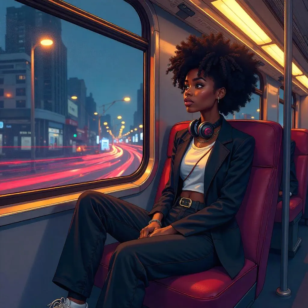 Stylish Black Girl in Anime Style on a Train