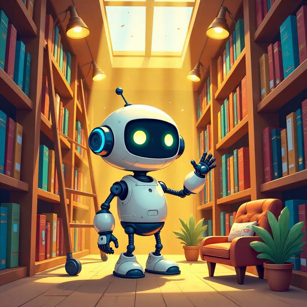 Cheerful Cartoon Robot in a Cozy Library