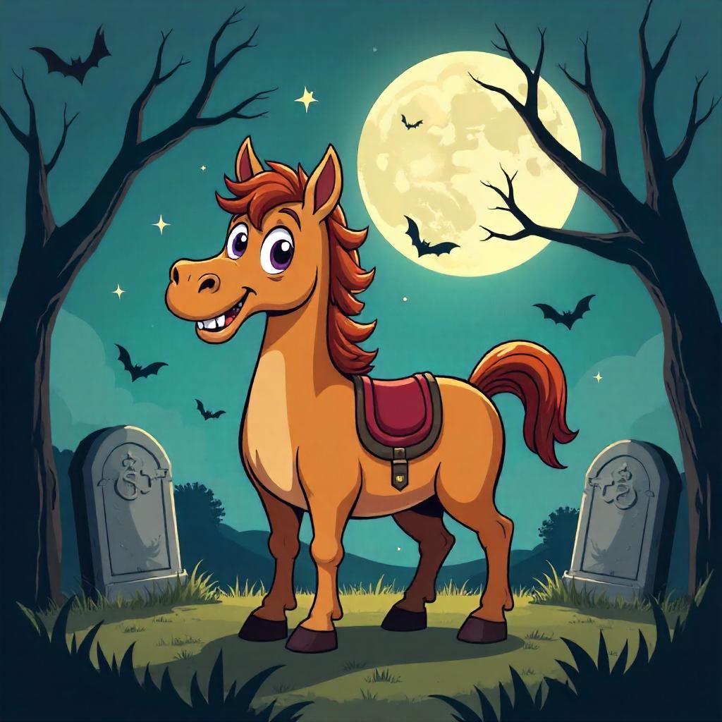 Playful Cartoon Centaur in a Moonlit Graveyard