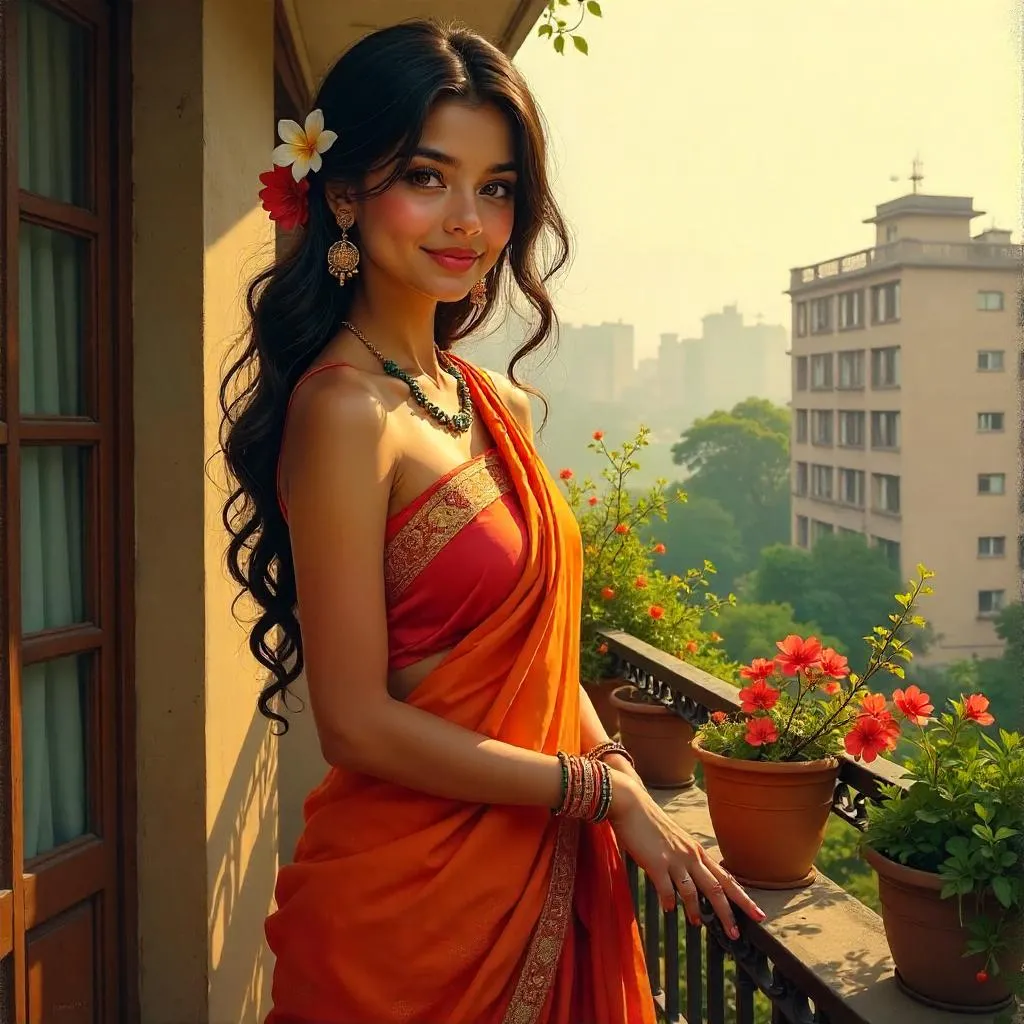 Balcony Beauty: Indian Girl in Oil Painting