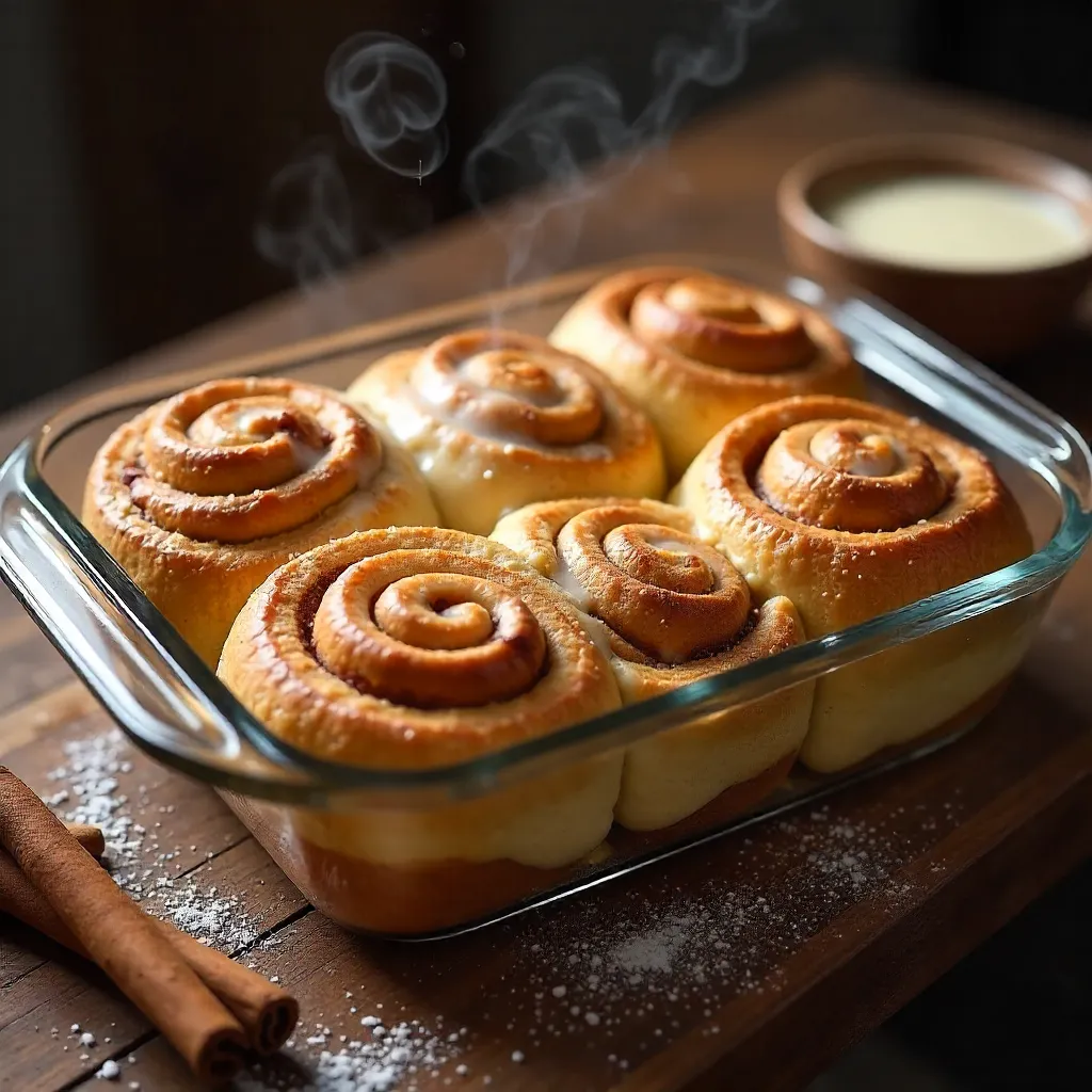 Fresh Cinnamon Rolls with Creamy Icing in a Baking Dish