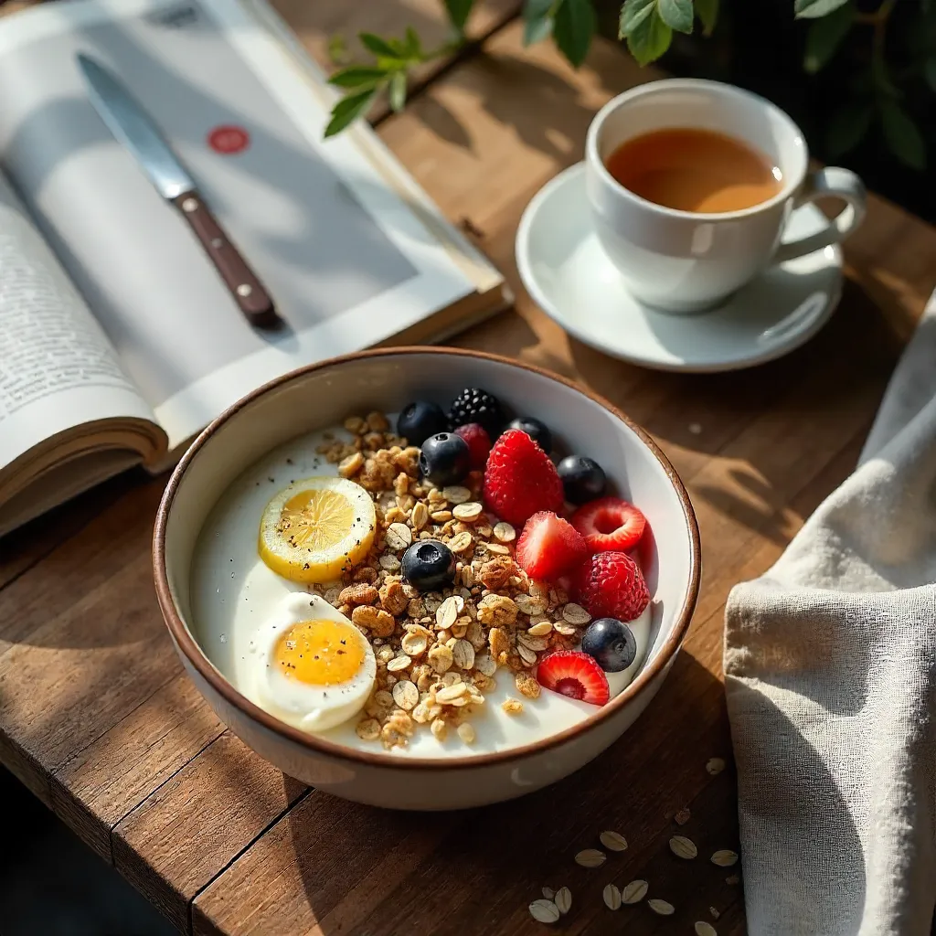 Top View Healthy Breakfast: Muesli, Tea, Magazine
