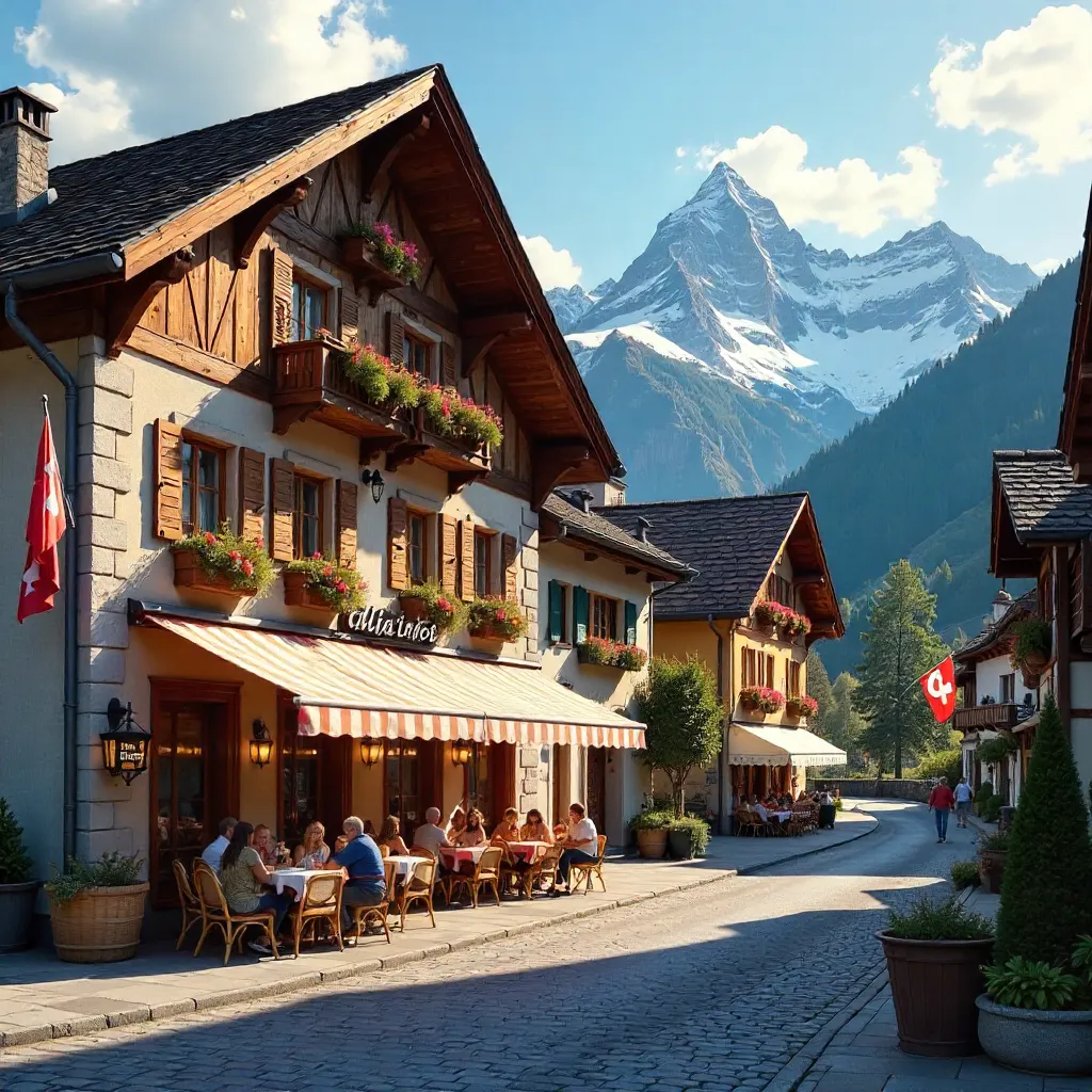 Grindelwald Alpine Street with Hotel Alte Post and Busy Cafe