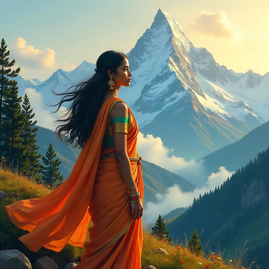 Radiant Indian Girl in Mountain Dawn - Digital Art