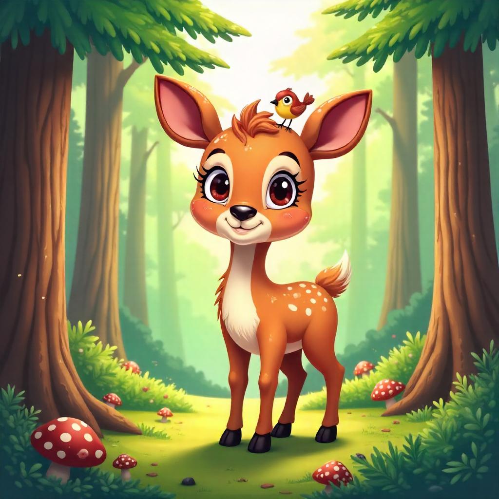 Cartoon Deer in a Pine Forest – Bright and Playful
