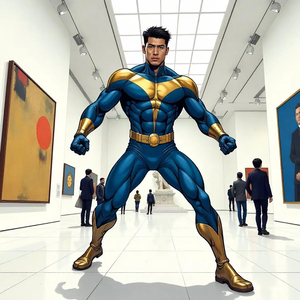 Athletic Asian Hero in an Art Gallery