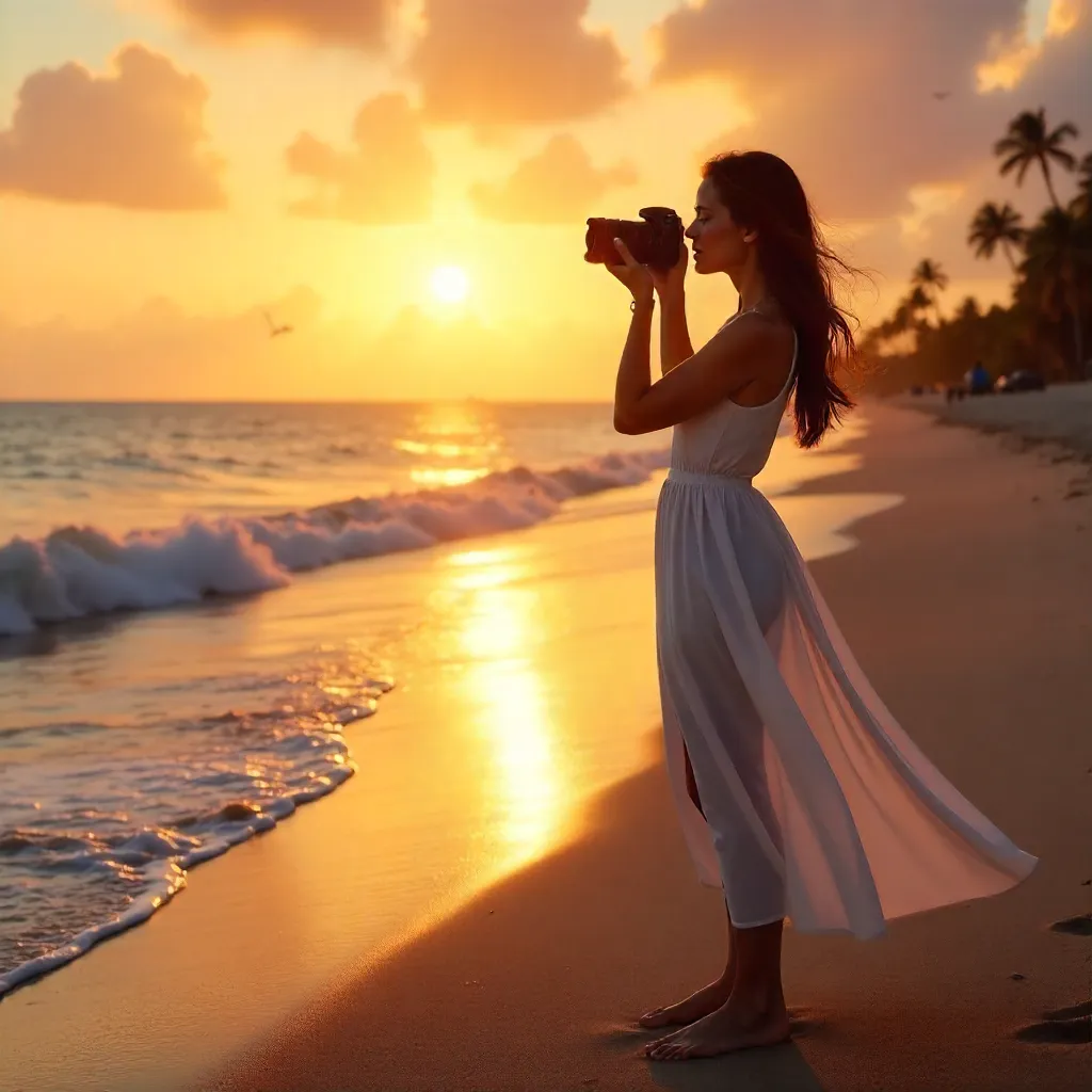 Golden Hour Beach Portrait: Woman with Camera