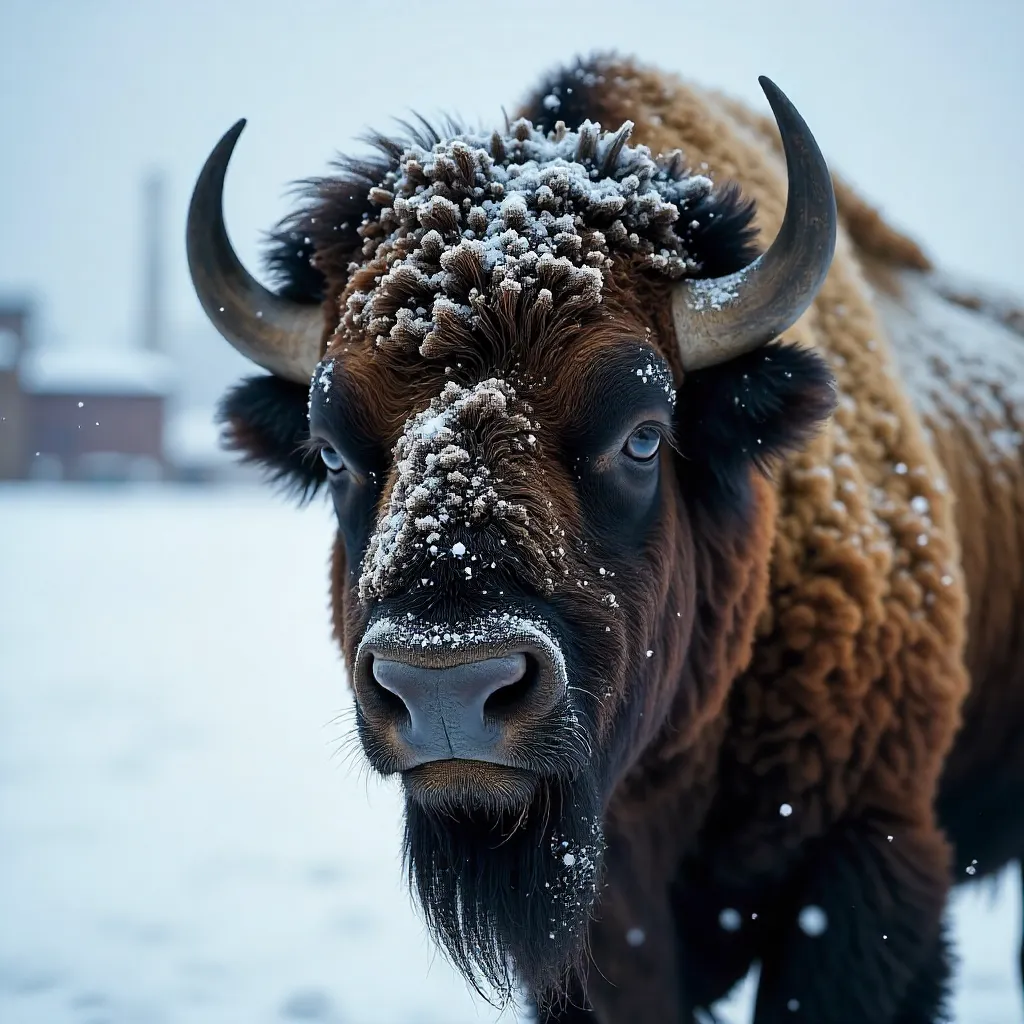 Close-Up Snow Bison in Commerce City, CO