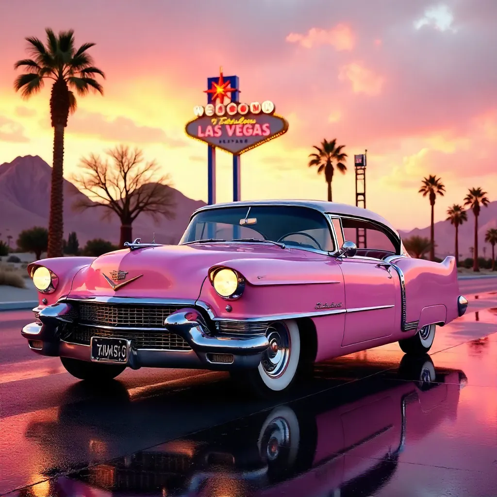 Vintage Pink Cadillac in Neon Las Vegas Sunset