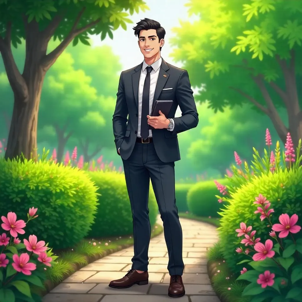 Professional Latino Man in a Serene Garden (Anime)