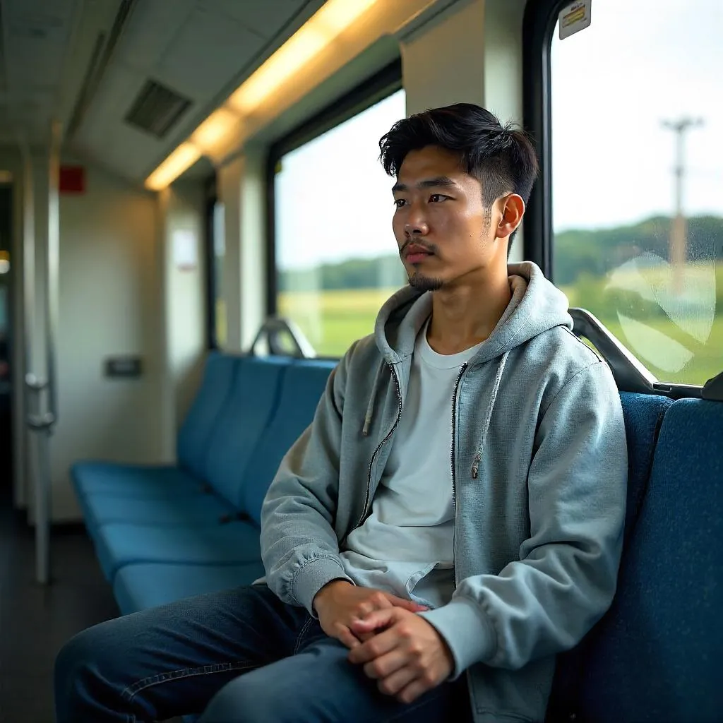 Photorealistic Young Asian Man on a Train