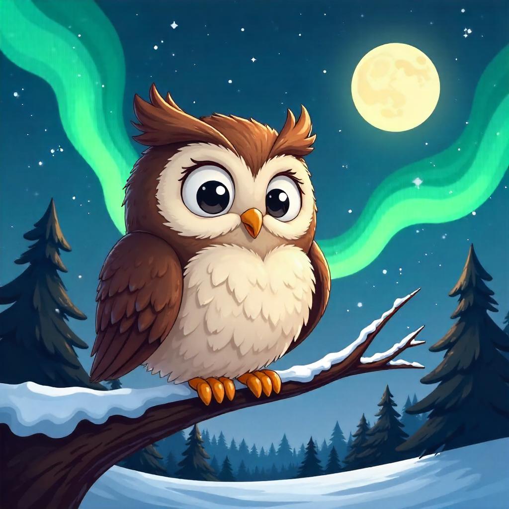 Cartoon Owl Under the Northern Lights