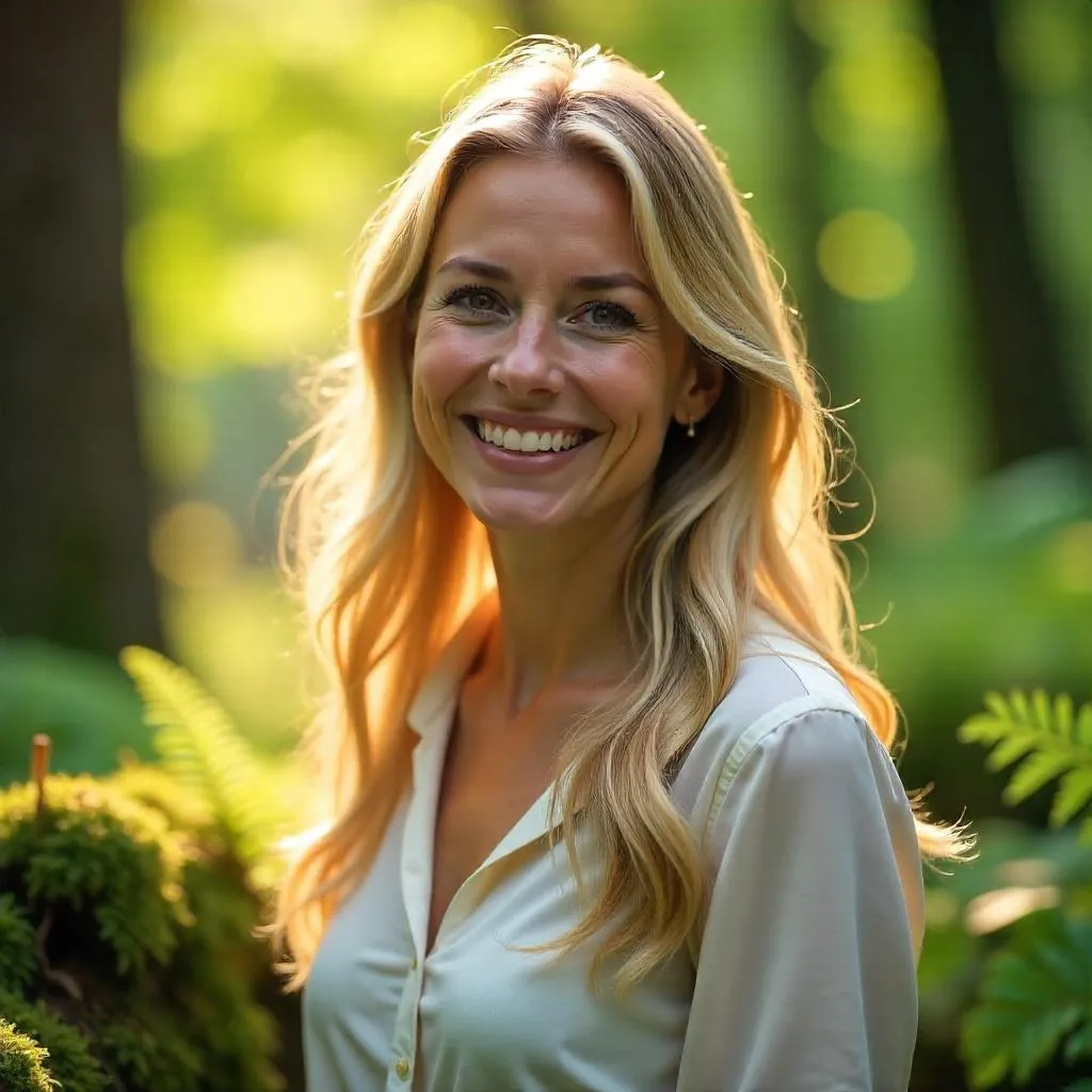 Cheerful White Woman in a Forest