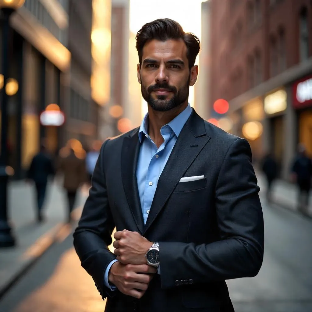 Elegant Latino Man in a Photorealistic Urban Scene