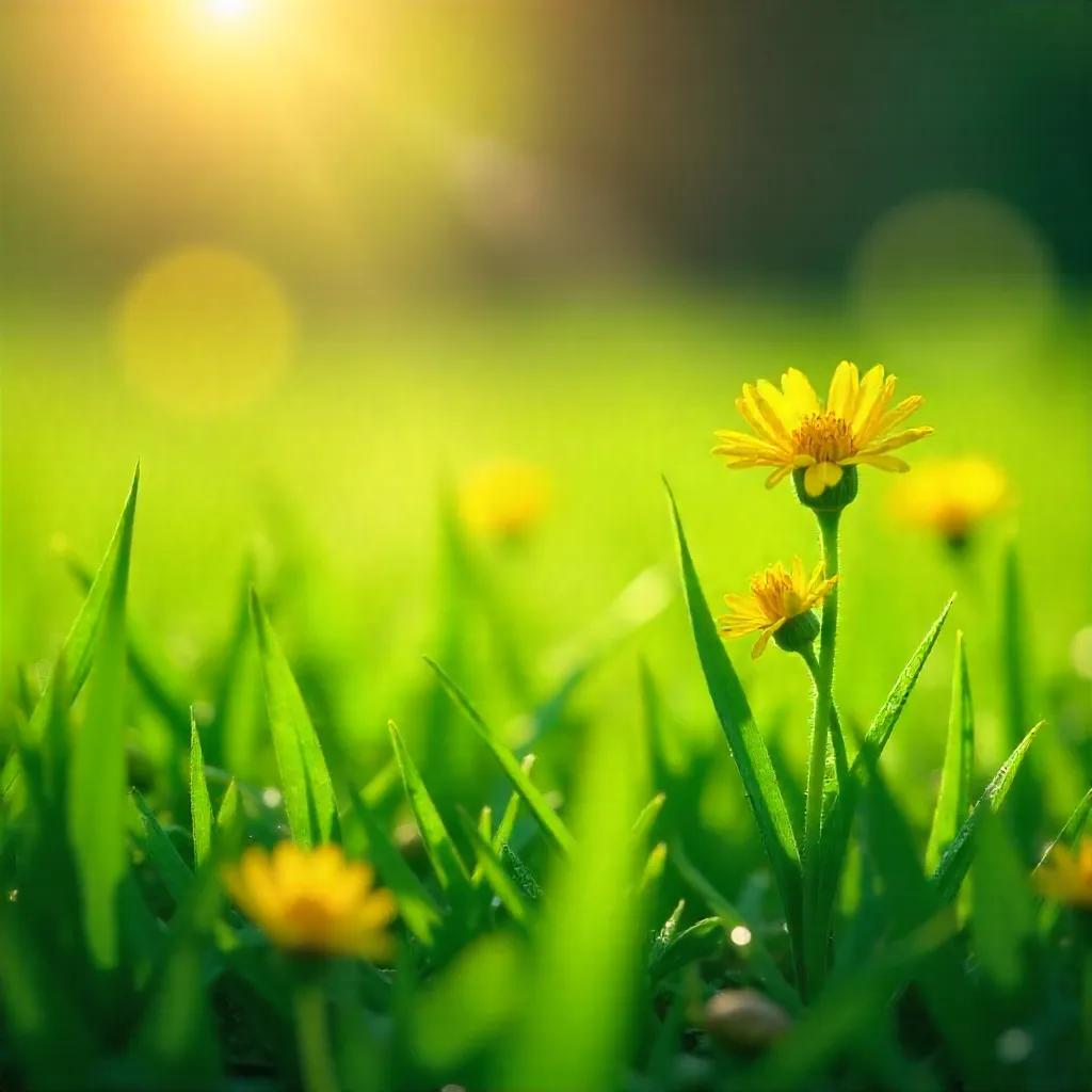 Macro Close-Up: Spring Meadow Greens and Yellow Blooms
