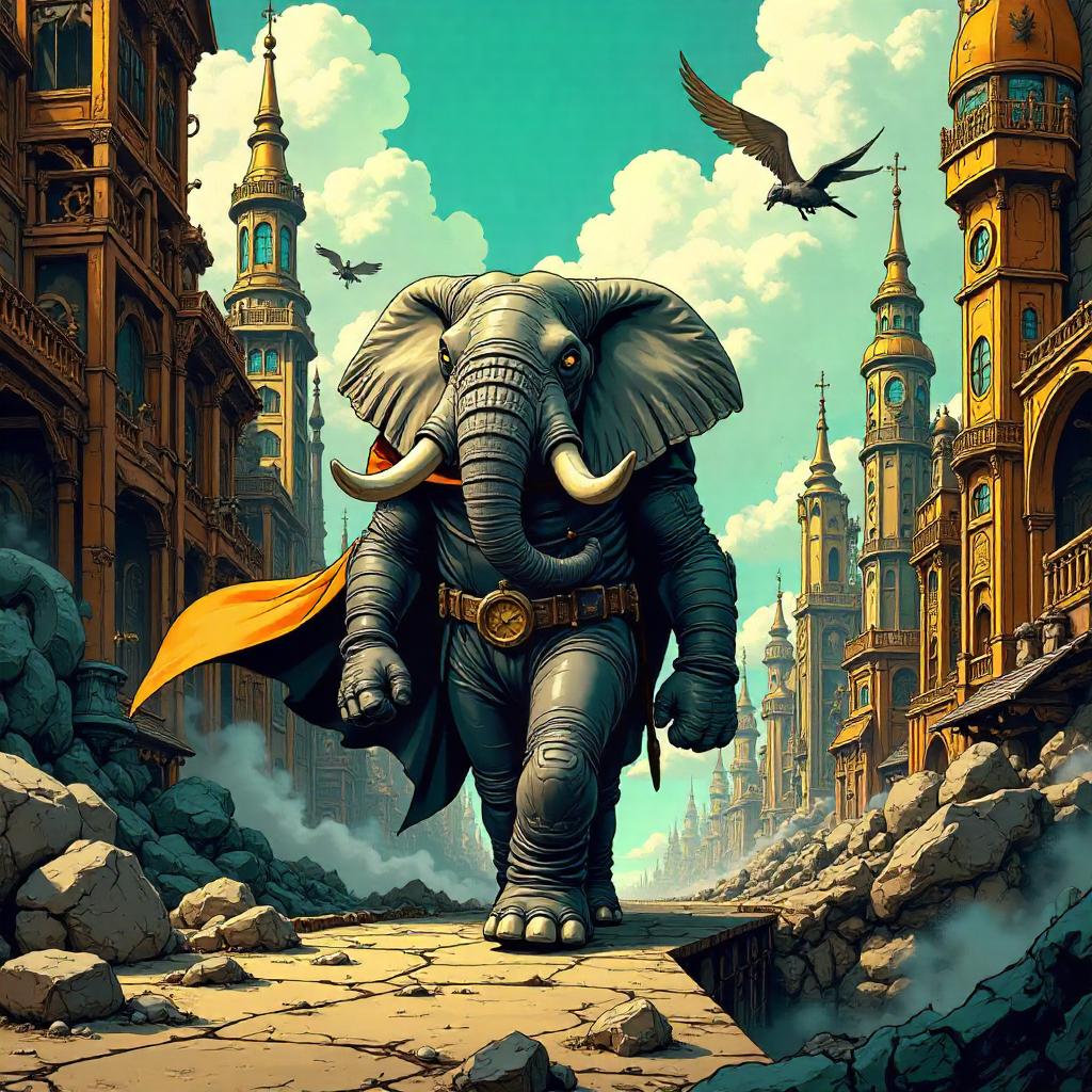 Elephant Hero in a Clockwork City (Comic Book Style)