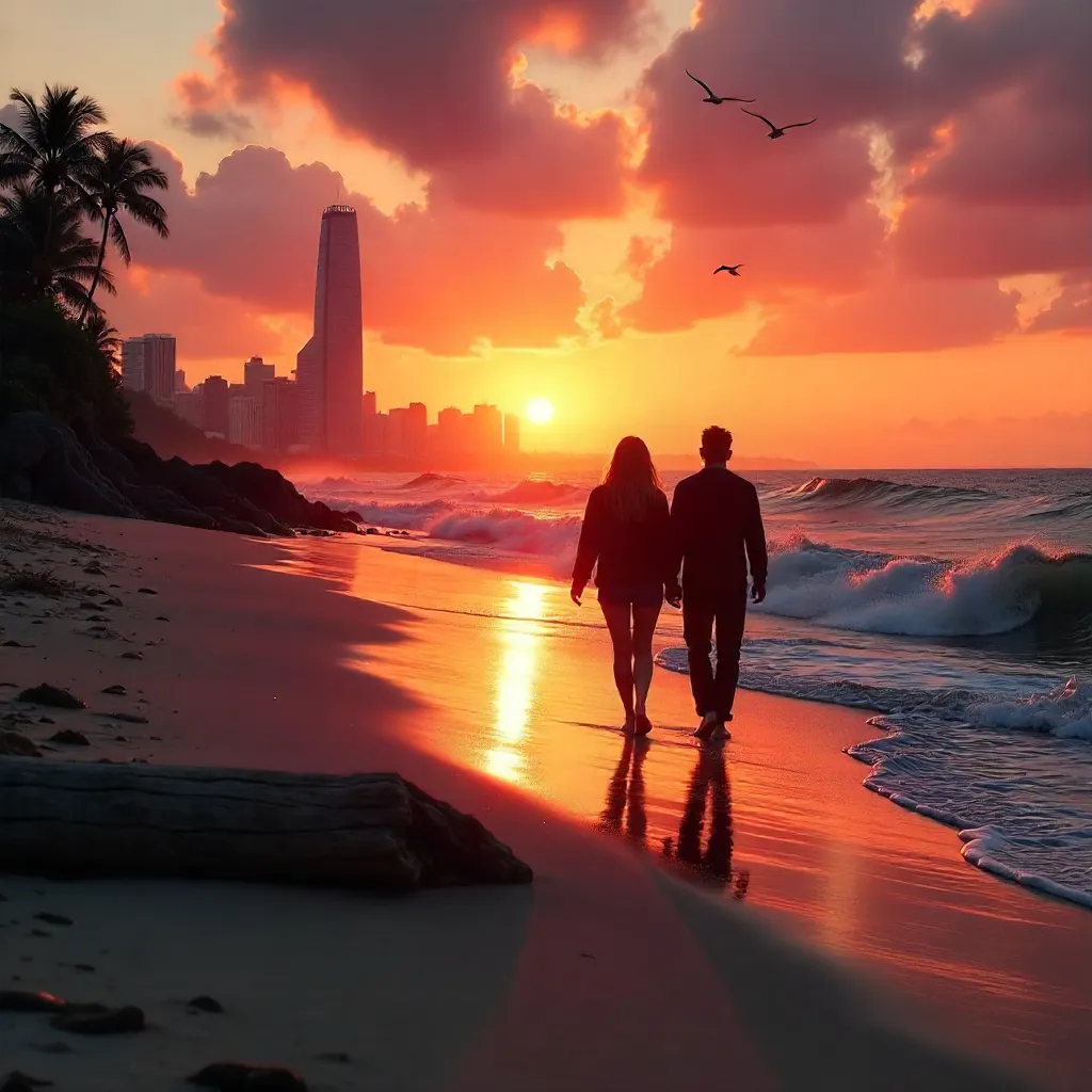 Silhouetted Beach Lovers at Sunset Over City Skyline