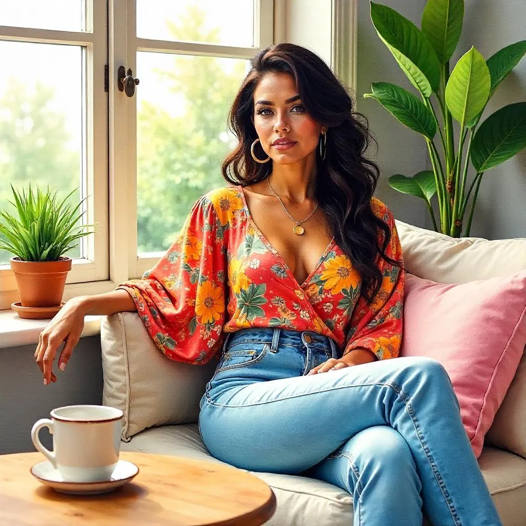 Cozy Watercolor Portrait: Stylish Latina at Home