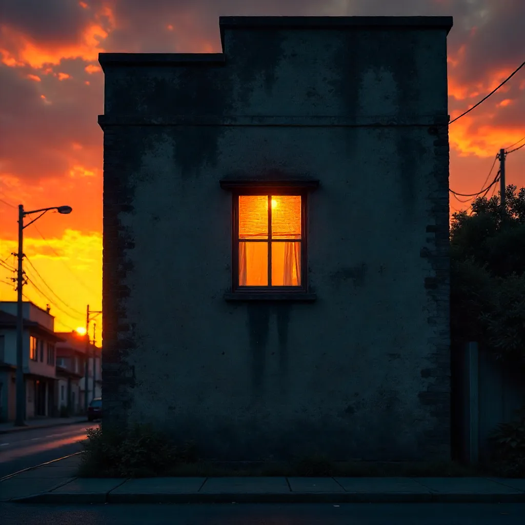 Orange Sunset Over a Dark Facade with Window