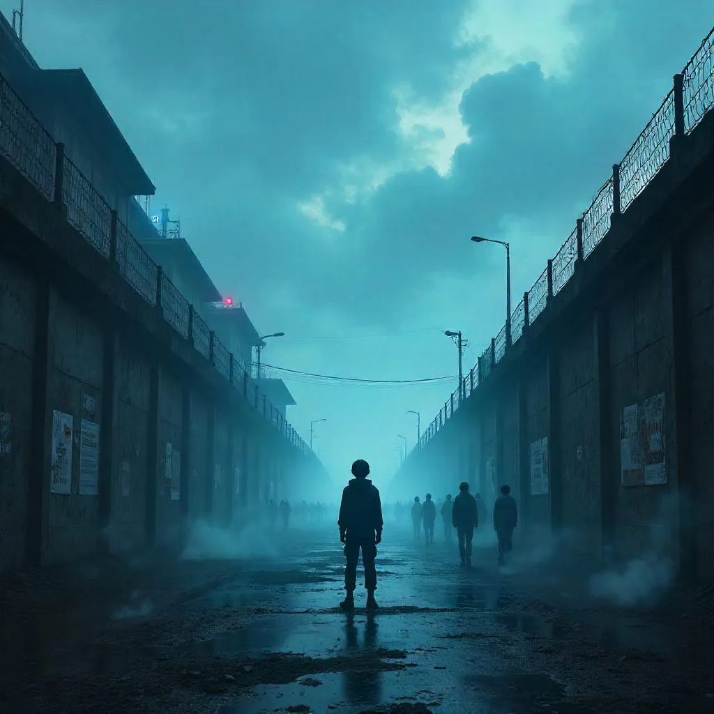 Foggy Anime Prison Yard in Mist