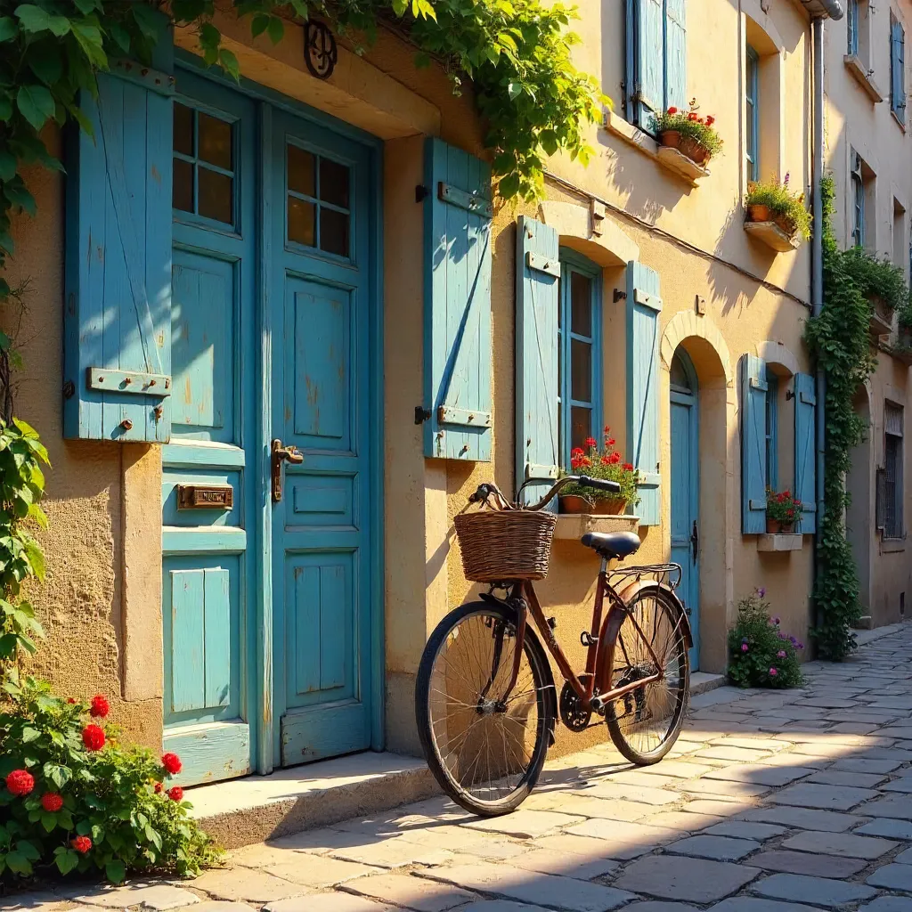 Rustic French Village Door, Shutters, and Bicycle