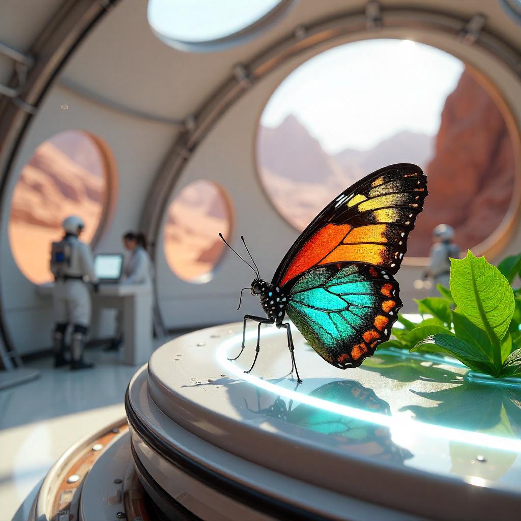 Photorealistic Butterfly in a Mars Base Interior