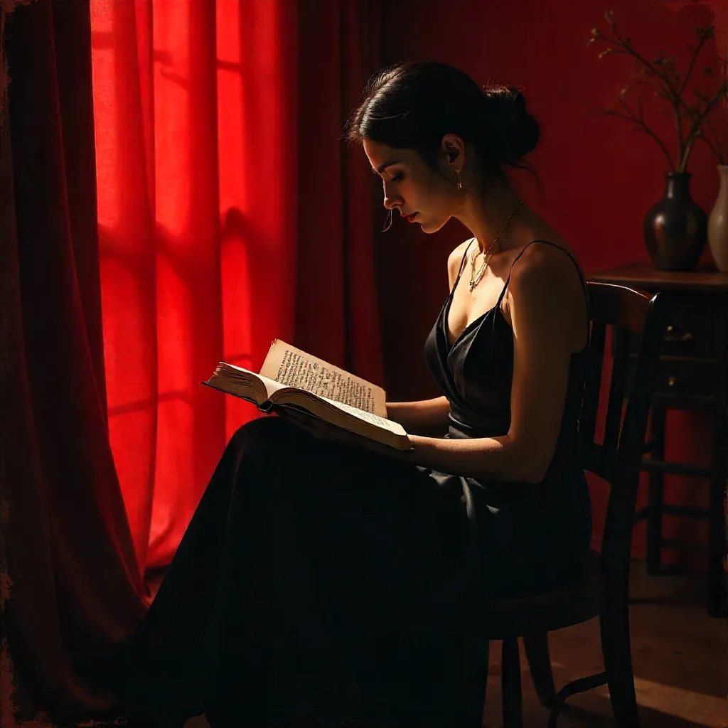 Moody Red Backdrop: Woman in Black Reading