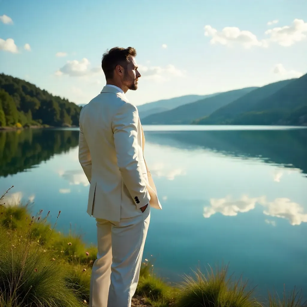 Contemplative Man in a White Suit by a Serene Lake