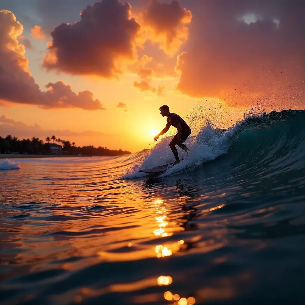Silhouette Surfer at Sunset in Malita, Philippines