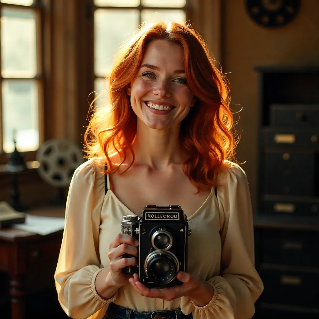 Joyful Redhead with a Vintage Rolleicord