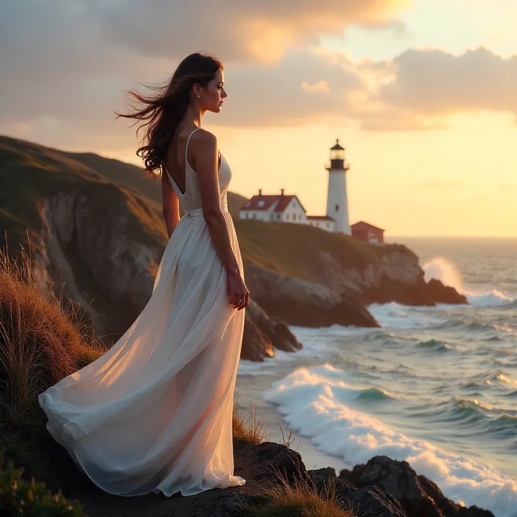 Elegant White-Dress Woman by Cliffside Lighthouse