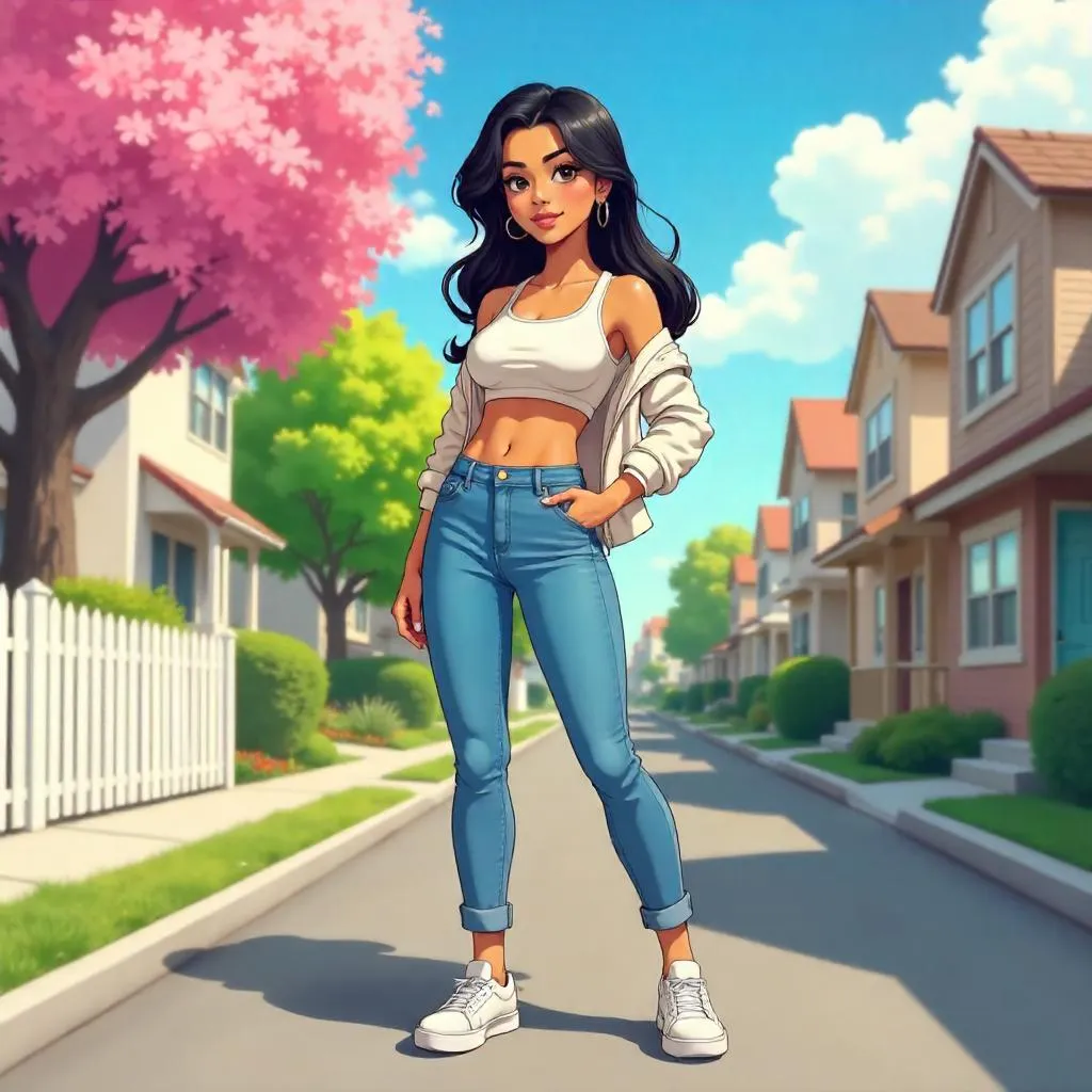 Confident Latina Anime Woman on a Suburban Street