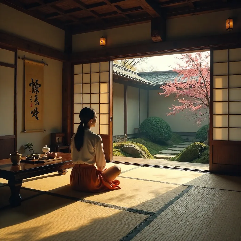 Contemplative Moment in a Traditional Wooden House