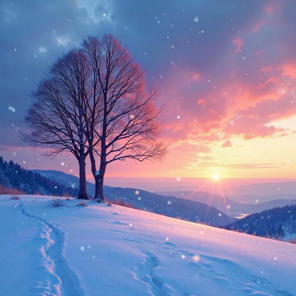 Two Bare Trees Under a Twilight Winter Sky