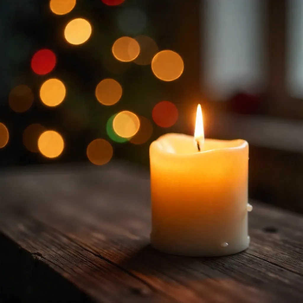 Soft Candle Glow on Wood with Festive Bokeh