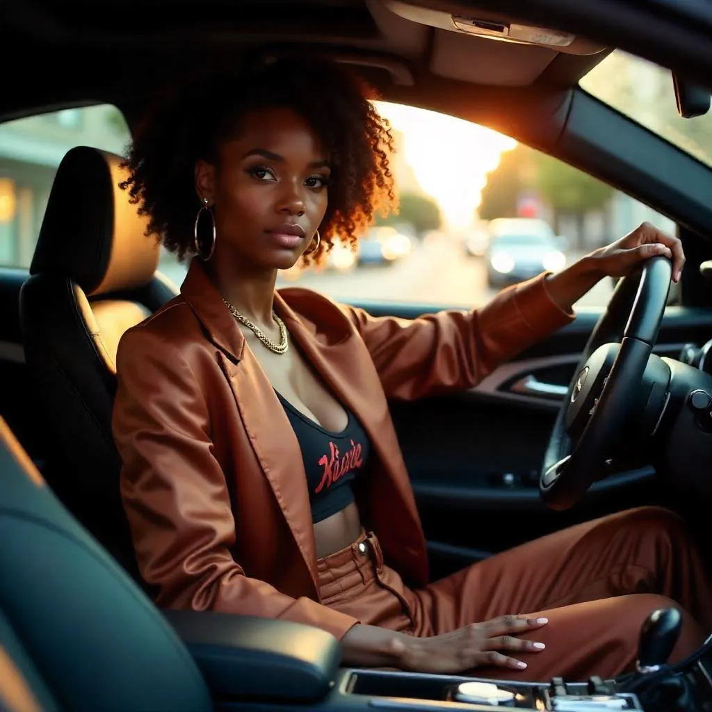 Photorealistic stylish Black girl in a luxury car