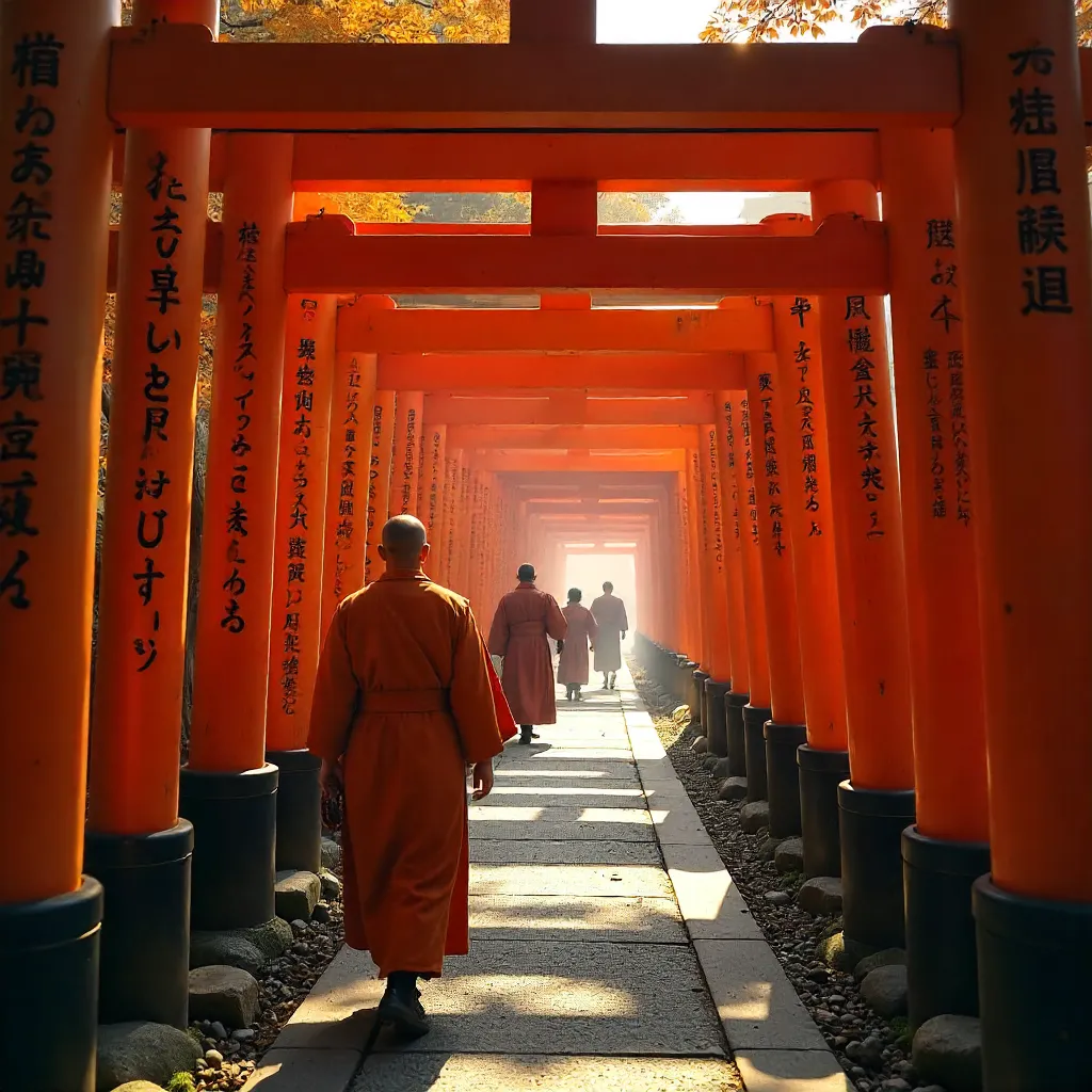 Monks among Vermilion Torii at Fushimi Inari