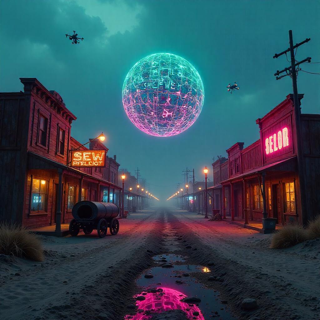 Neon Spirit Orb Over a Cyberpunk Ghost Town