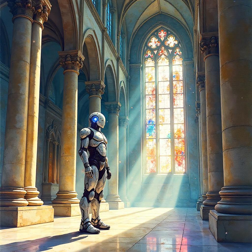 Cyborg in a Watercolor Cathedral