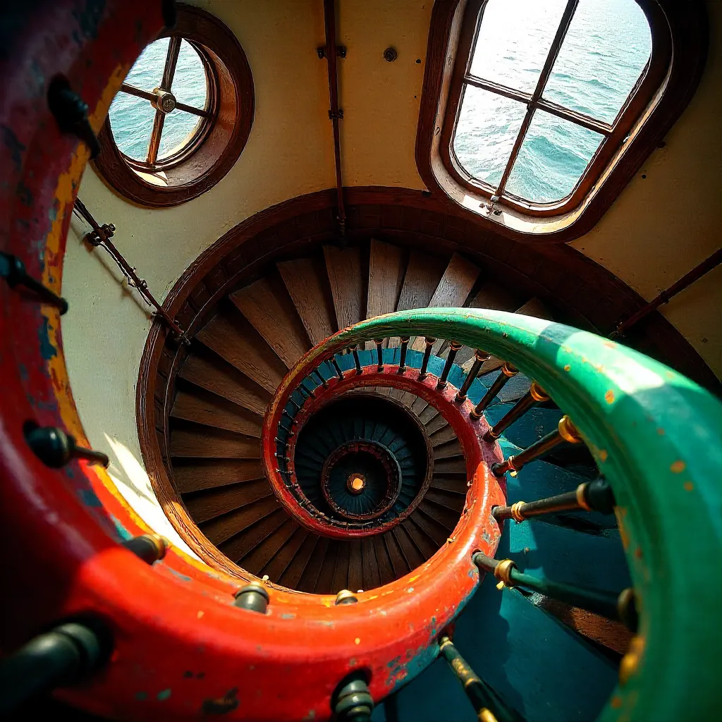 Vibrant Spiral Staircase in a Lighthouse