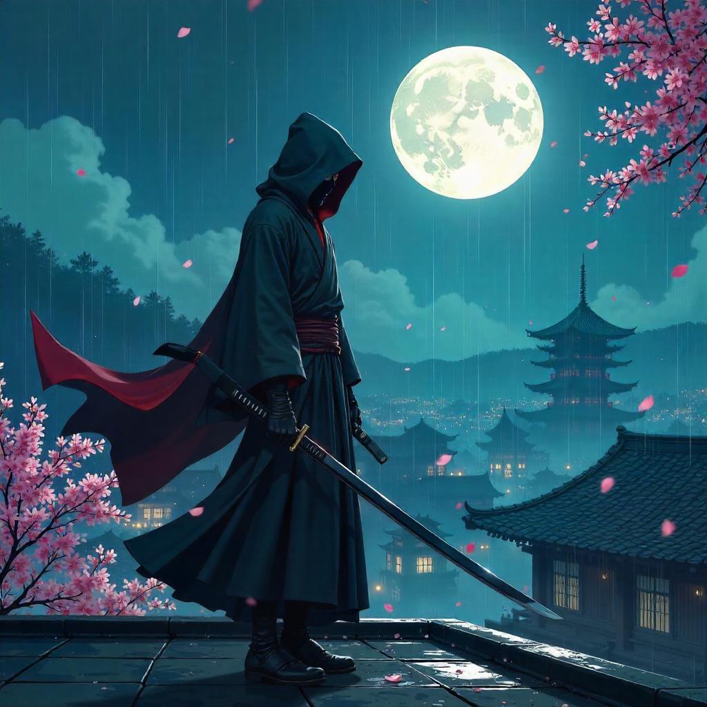 Moonlit Feudal Japan Assassin in Anime Style