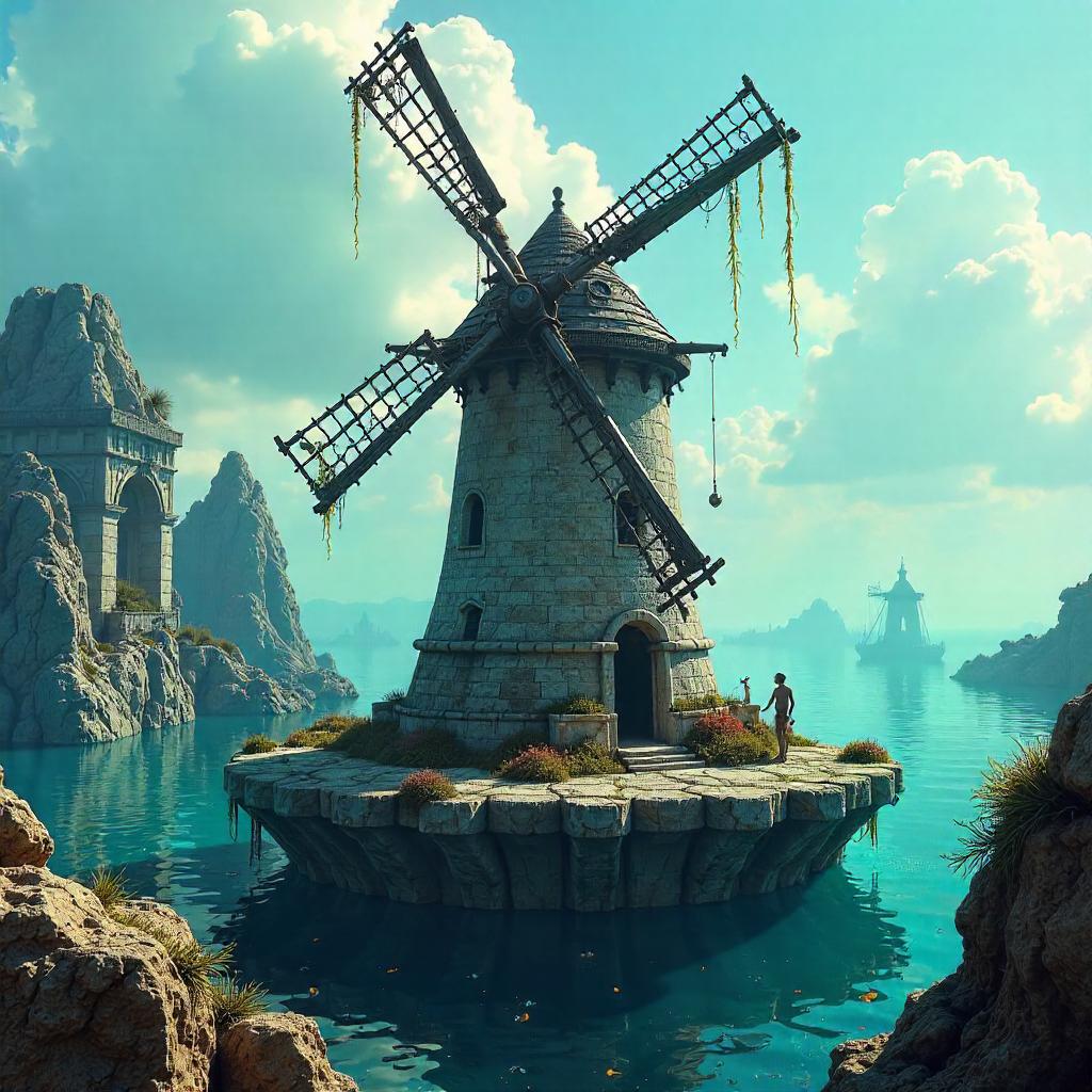 Photorealistic Windmill in the Submerged City of Atlantis