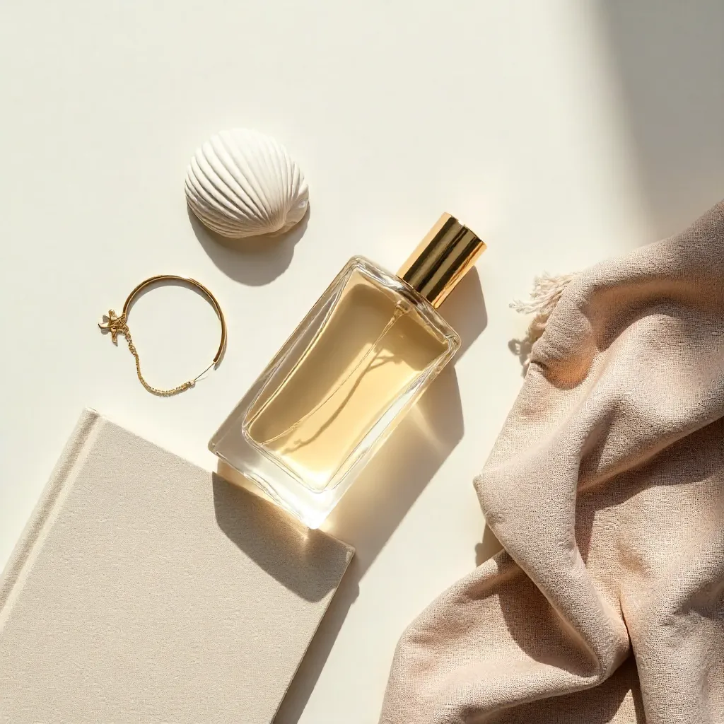 Minimalist Flat Lay: Perfume, Shell & Accessories