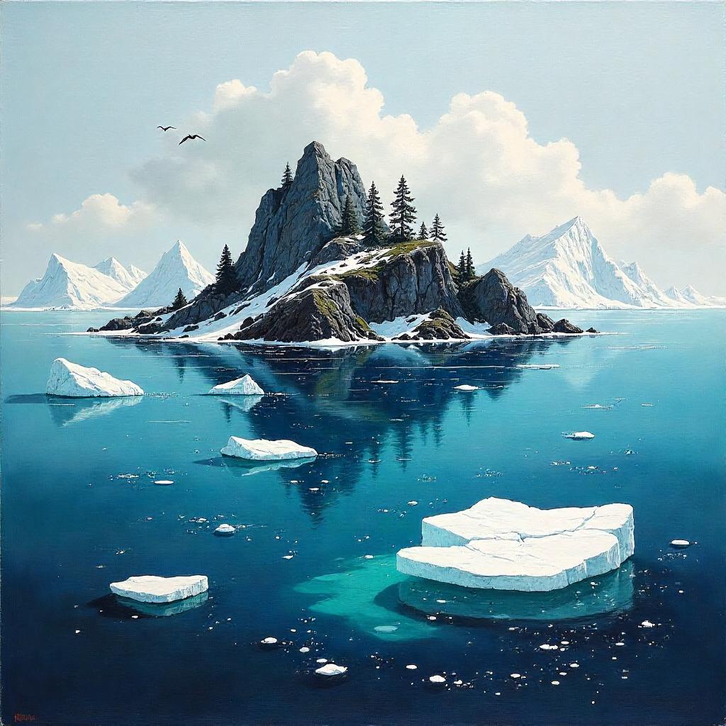 Icebound Archipelago in Oil: Isles Among Icebergs