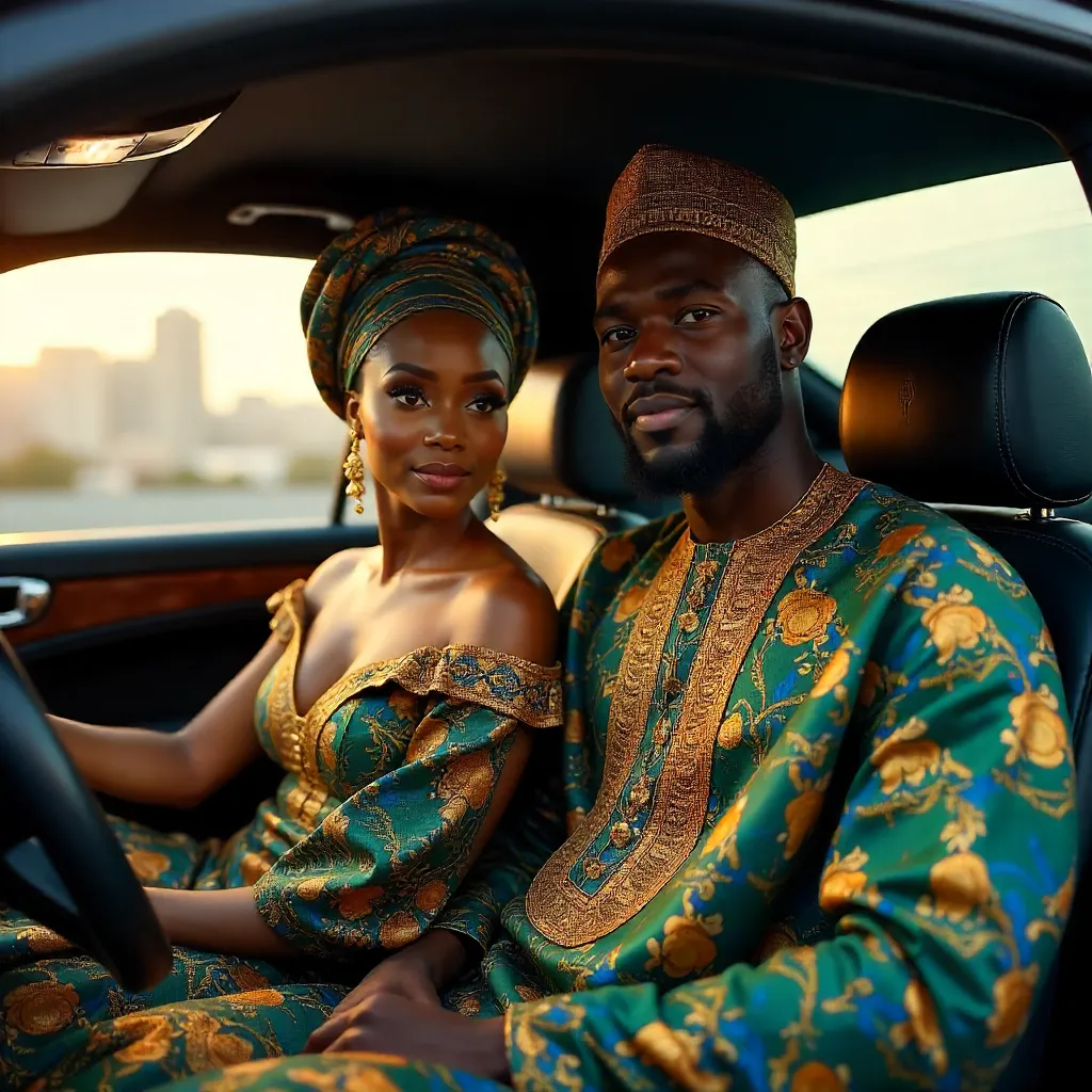 Stylish African Couple in a Car in Traditional Attire