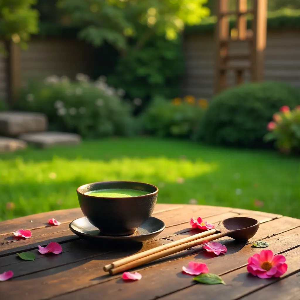 Tranquil Garden Tea with Pink Roses on Wood